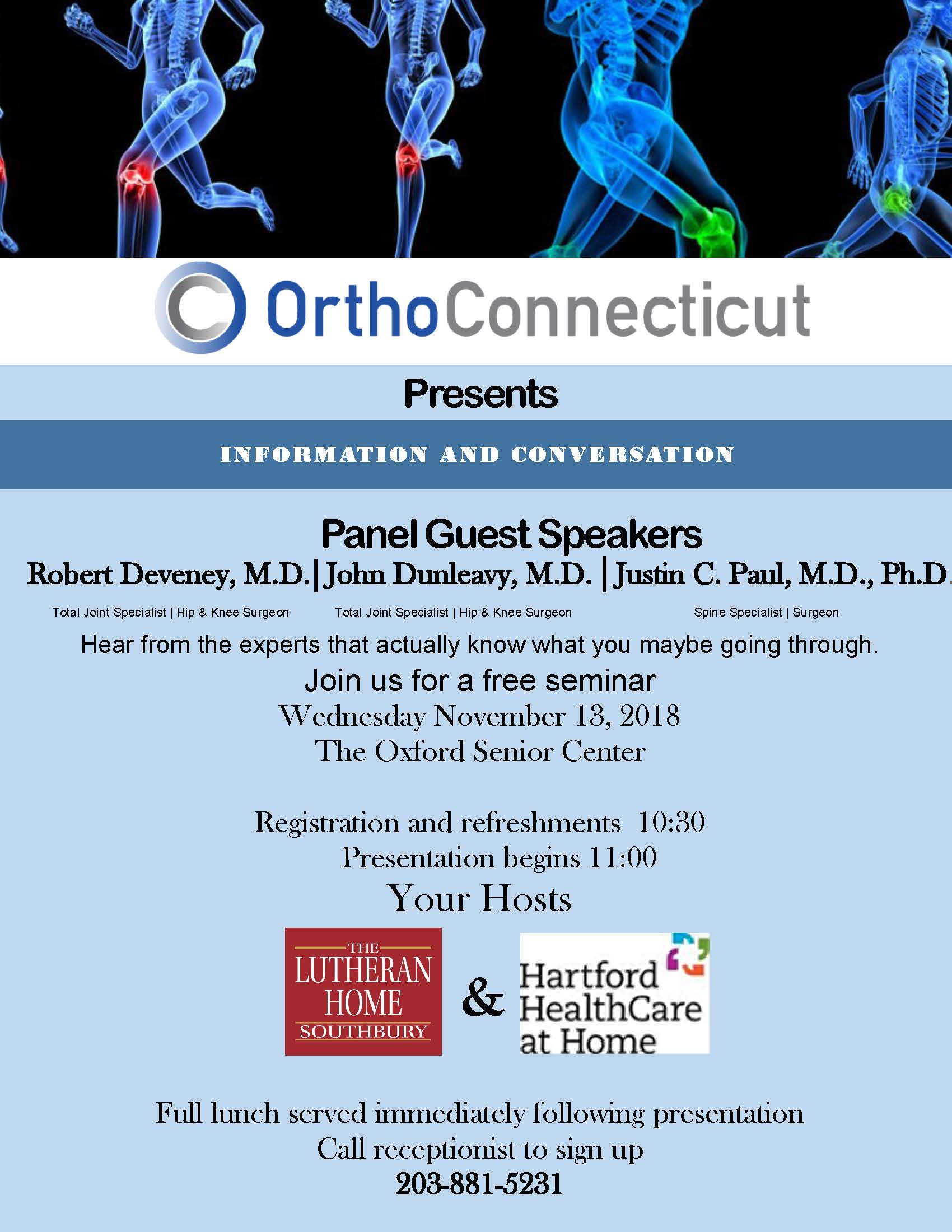 OrthoConnecticut Physician Panel flyer for Nov 13, 2018