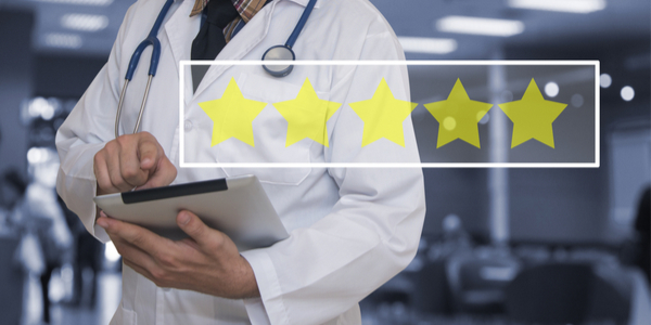 Physician with clipboard 5 star rating overlay image